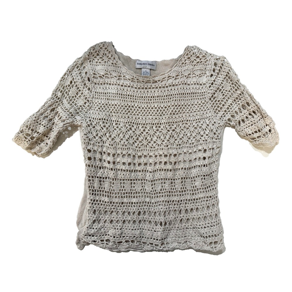 2000s Boho Crochet Top Beige Open Knit Cottagecore Y2K Hampshire Studio Med‎ Y2K